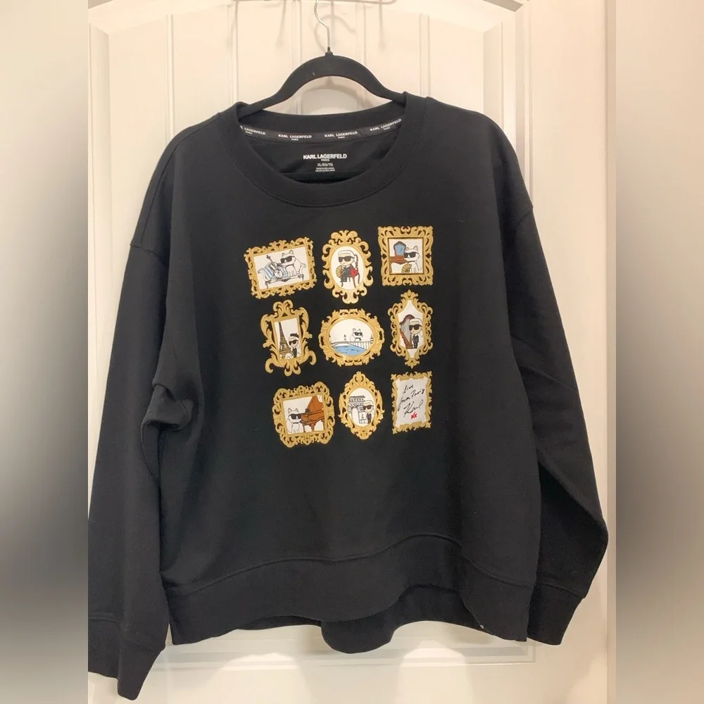 NWT Karl Lagerfeld Black Crewneck Cartoon Style Top